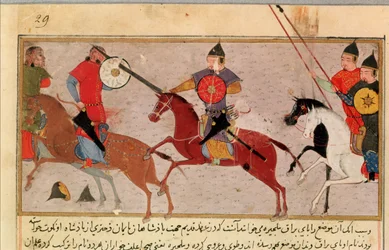 Genghis Khan luchando contra los tártaros, de un libro de Rashid-al-Din