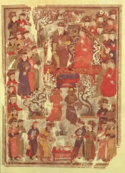 Ms. Supp. Pers. 1113 f.126v Genghis Khan y su esposa Bortei entronizados ante cortesanos, folio de un libro llamado Jami al Tawarikh por Rashid ad-Din