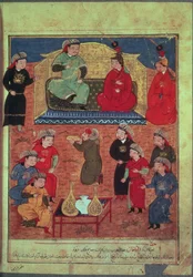 Ms. Supp. Pers. 1113 fol.203v Arghan Khan con dos de sus esposas y su hijo Ghazan, de un libro de Rashid ad-Din