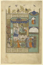 Nushirvan entrevista al intruso en su harén, c.1600