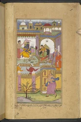 Or.12076 f.13v Bhima llegando al castillo de Dvaraka para invitar a Krishna al ‘asvamedha’. Krishna, que está con su esposa Satyabhama, finge no escuchar. (Bhawani) del 