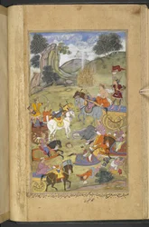 Or.12076 f.23v El dios Agni creando el fuego para ayudar a su suegro Raja Niladhvaja de Malwa mientras Arjuna apaga las llamas con flechas mágicas que produjeron manantiales de agua (Ahmad Kashmiri) del 