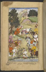 Or.12076 f.67r Babhruvahana diezmando el ejército de Arjuna (Bulaqi ibn Ghulam ‘Ali) del Razmnāmah (ʻLibro de la Guerraʼ), traducción del Mahabharata por Naqib Khan