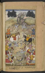 Or.12076 f.71v Batalla entre Babruvahana, hijo de Arjuna, y las serpientes de las regiones inferiores. (Sangha) del 