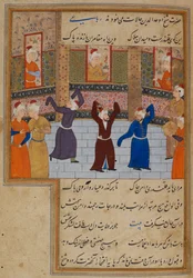 O. 11837, f.152 Muhammad Tabadkani (muerto en 1486) bailando con derviches, ilustración de 