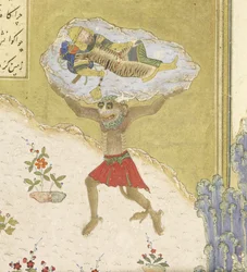 (detalle) El div Akvan levanta al Rustam dormido, ilustración del Shahnama (Libro de los Reyes)