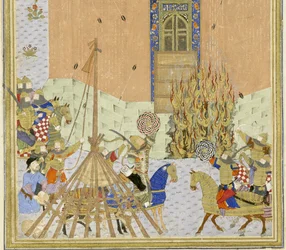 Persa 239 fol.223a Detalle: La fortaleza de Gang Dizh atacada con minas, ilustración del Shahnama (Libro de los Reyes), por Abul-Qasim Mansur Firdawsi (c.934-c.1020), 1444