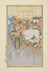 Isfandiyar mata a Arjasp en la Fortaleza de Bronce, ilustración del Shahnama (Libro de los Reyes)