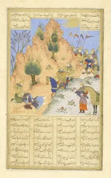 Iskandar consuela al moribundo Dar, ilustración del Shahnama (Libro de los Reyes)