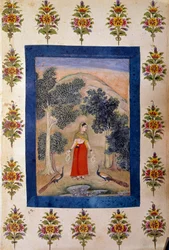 Arte persa: dama con dos collares de flores que presenta a dos pavos reales. Miniatura persa