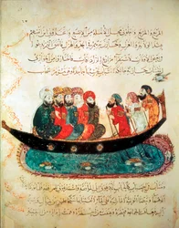 Barco persa, transportando viajeros y conducido por remeros, en el río Éufrates, c.1240