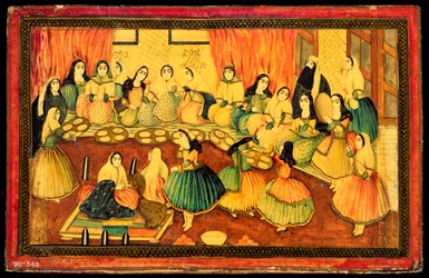 Fiesta social de damas persas, mitad de una cubierta de libro, Irán, siglo XIX