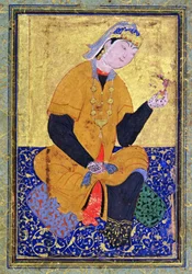 Retrato de Hamida Banu Begum, sosteniendo un sello, folio ilustrado de la Antología de Mir Ali, 1550