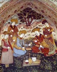 Representación de Abbas I el Grande servido por cortesanas (detalle de un fresco)