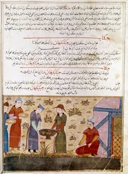 Representación de Genghis Khan (1162-1227) haciendo alianzas. Miniatura persa tomada de Jami al-Tawarikh (Historia Universal) por el historiador Rashid al-din (1247-1318) alrededor de 1430. París, B.N.