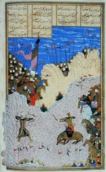 Rustam dispara a Ashkabus y su caballo, ilustración del 