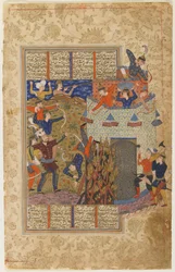 Rustam y sus hombres atacan la fortaleza de Gang Dizh de un Shahnama