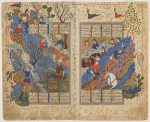 Rustam patea la roca que Bahman le arrojó, de un Shahnama (Libro de los reyes), c.1590-1600