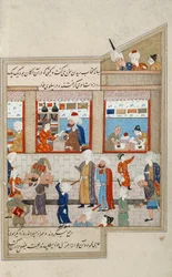Escena con Hosein Ibn Baikara de los Timúridas, miniatura, Persia siglo XVI
