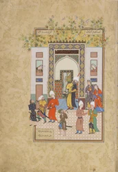 El testigo infantil testifica la inocencia de Yusuf, folio del Haft awrang (Siete tronos) de Jami