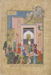 Yusuf predica a las doncellas de Zulaykha en su jardín, folio del Haft awrang (Siete tronos) de Jami