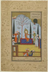 Las doncellas de Zulaykha entretienen a Yusuf en el jardín, c.1575