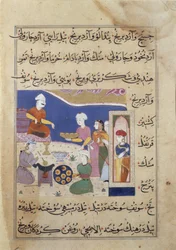 f.83v Preparación de dulces para el sultán de Mandu, de un manuscrito sobre cocina india (vitela)