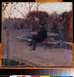 En el bulevar. Un hombre sentado solo en un banco en el frío, con un fardo y una caja de herramientas a su lado. Pintura de Piotr Alexandrovich Nilus (Pierre Nilous) (Nilouss) (1869-1940/1943), óleo sobre lienzo