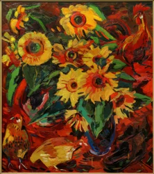 Naturaleza muerta con girasoles y gallinas