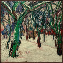 Imagen de invierno con casas de campo (Camino del parque en invierno)
