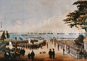 El comodoro Perry desembarca en Japón para reunirse con los comisionados imperiales en Yokohama, 8 de marzo de 1854