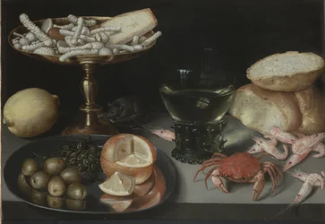 Naturaleza muerta con frutas, dulces, crustáceos, un vaso y un ratón, c.1620