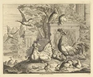 Gallo, gallina con pollitos y otras aves en un jardín con ruinas antiguas Aves diferentes (título de la serie)