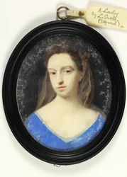 Una dama con corpiño azul y capucha marrón