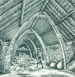 Granero de la vicaría medieval, Wharram Percy, North Yorkshire, c. 1988-c. 2005