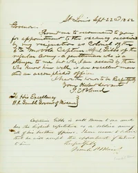 Carta firmada P.E. Bland, St. Louis, a H.R. Gamble, Gobernador de Missouri, 22 de septiembre de 1862