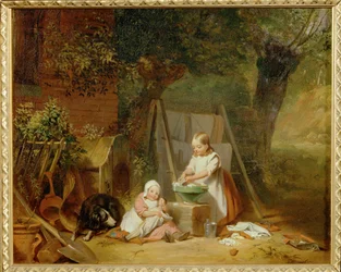 Die Puppenwaesche im Garten - Lavandería de muñecas en el jardín ... (óleo sobre madera)