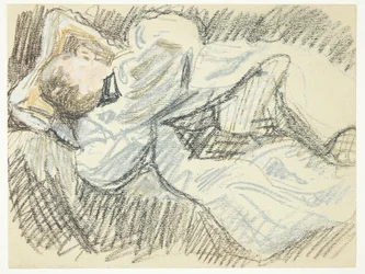 El escultor Kai Nielsen descansando durante el trabajo en la estatua de Mads Rasmussen