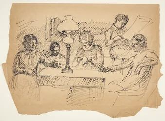 La familia del artista sentada alrededor de una mesa con una lámpara de petróleo