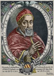 Representación del Papa Gregorio XV (Gregorio, Gregorius o Gregory) (1554-1623) Grabado de Peter Isselburg - (Retrato del Papa Gregorio XV (1554-1623), grabado de Peter Isselburg) Colección particular