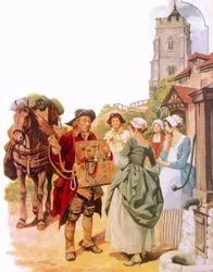 Vendedor ambulante del siglo XVIII ofreciendo sus mercancías