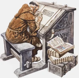 Un monje en su escritorio en un scriptorium (gouache sobre papel)