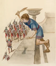 Julio César de niño, observando a los soldados romanos regresar de la batalla