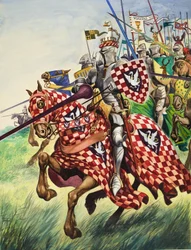 Caballeros cargando hacia la batalla (gouache sobre papel)