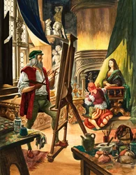 Leonardo da Vinci pintando el retrato de la Mona Lisa