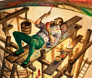 Miguel Ángel pintando el techo de la Capilla Sixtina en Roma