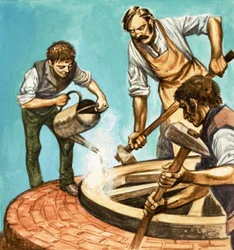 Érase una vez... la vida en el pueblo hace cien años. Ruederos poniendo el borde de hierro en una rueda