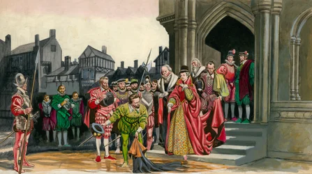 Sir Walter Raleigh coloca su capa para la Reina Isabel I
