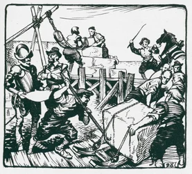 Refuerzo de las murallas del puerto de Tenby contra la amenaza de invasión de la Armada española (litografía)