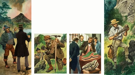 Secuencia no identificada de ilustraciones que representan exploración geológica